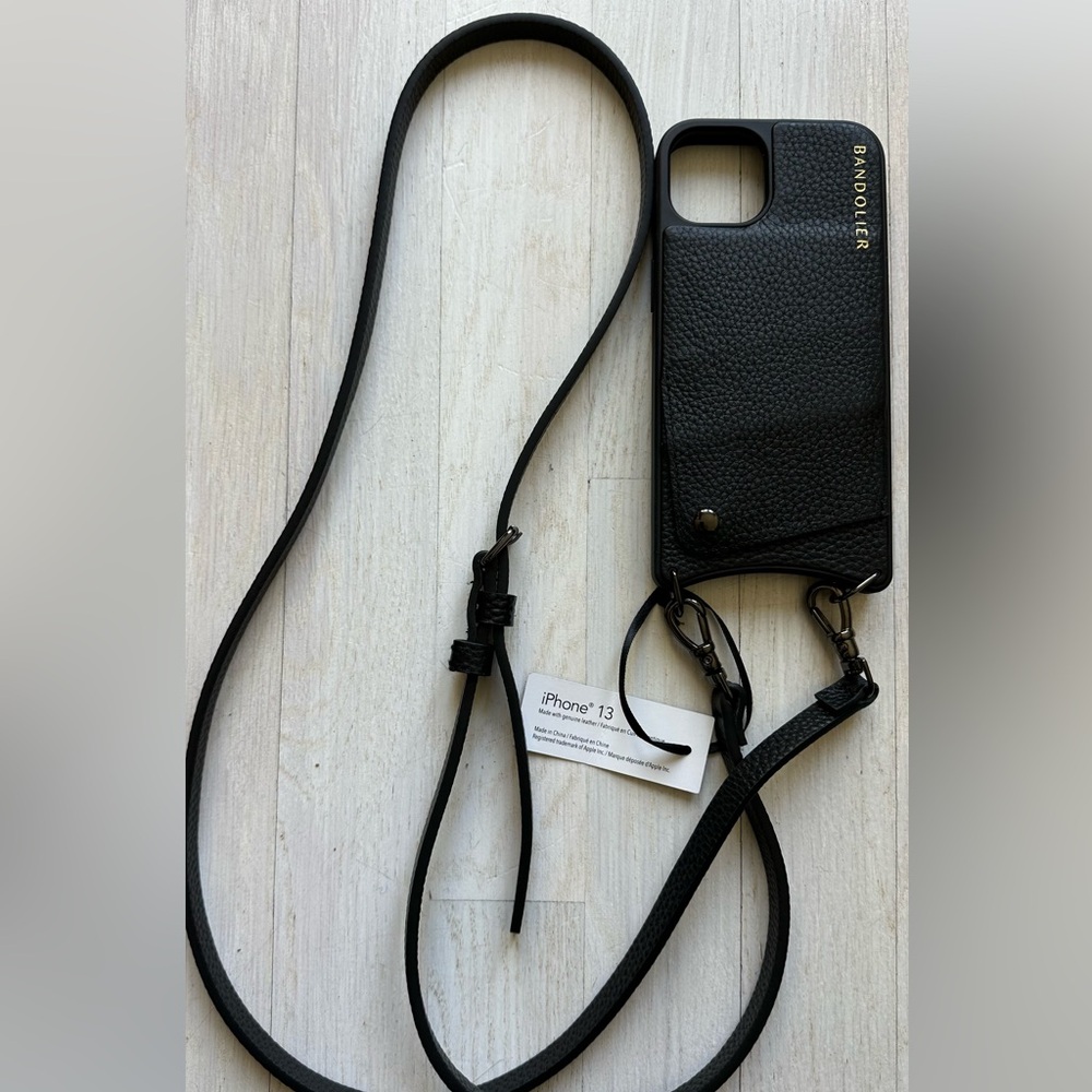 Bandolier Black Leather Crossbody iPhone 13 Case with Strap